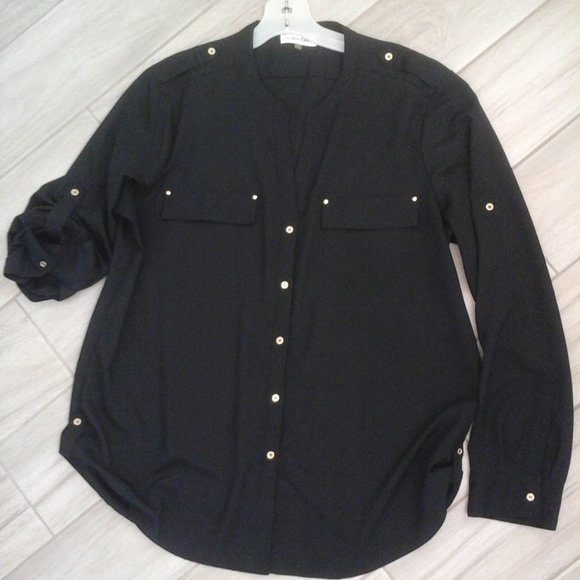 Calvin Klein Black Semi Sheer Button Front Blouse.   Size XL. - Picture 1 of 5